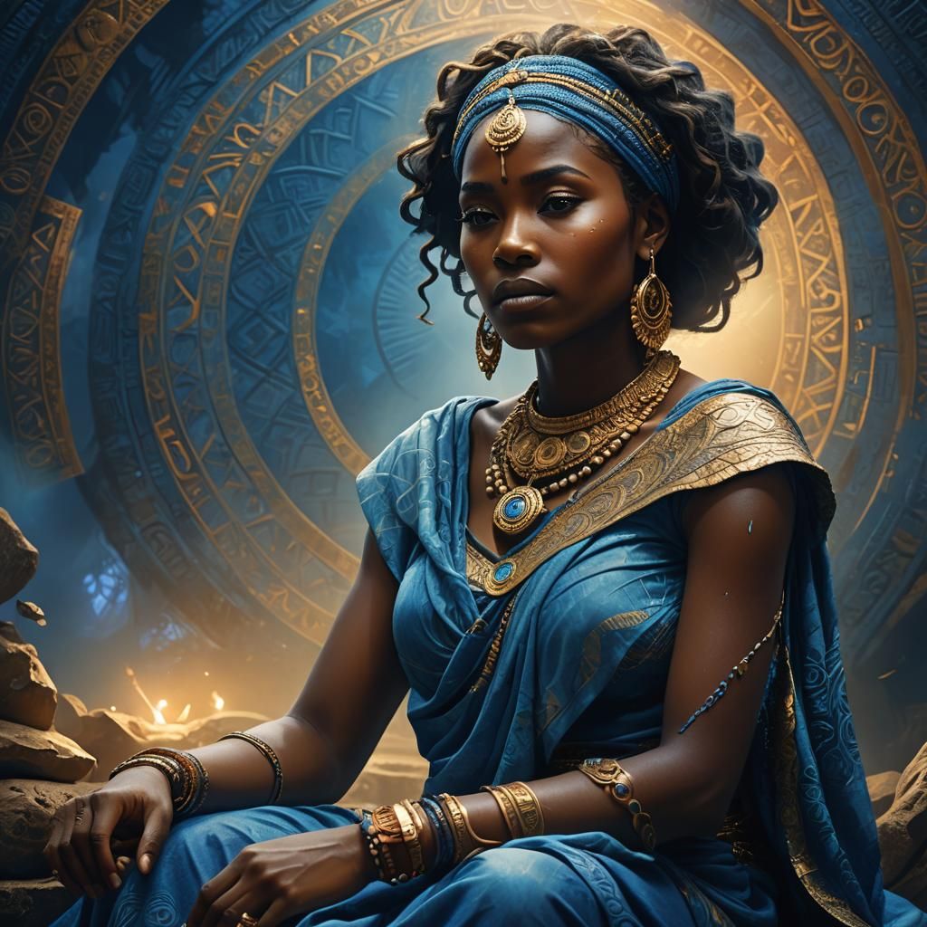 Contemplative African Woman in Dreamlike Blue Environment