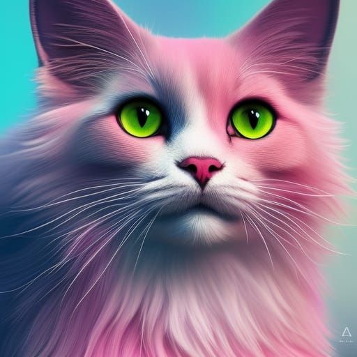 Pastel Pink Cat with Rainbow Whiskers, Digital Art
