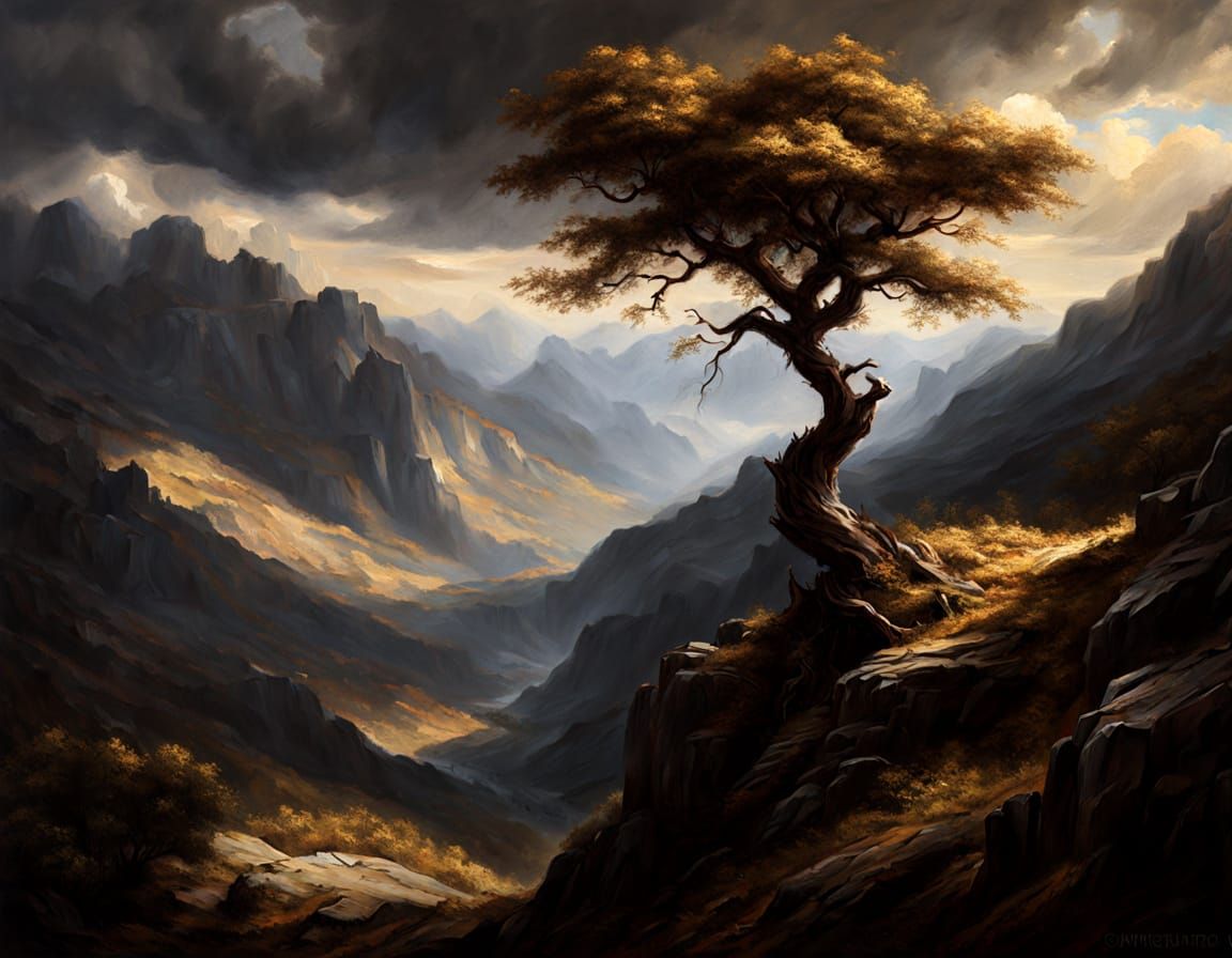 Dramatic Valley Landscape in Chiaroscuro Style