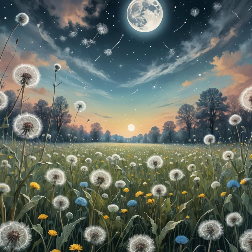 Moonrise Over Dandelions in Pastel Colors
