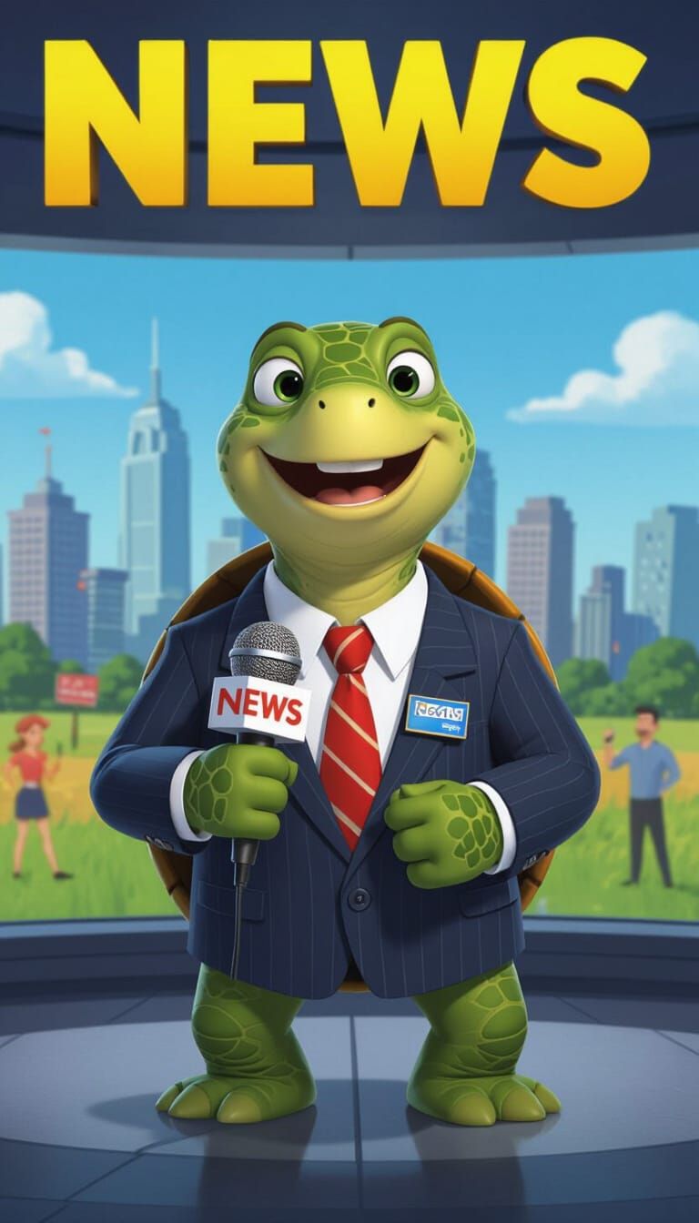 Cartoon Turtle News Reporter in Studio
