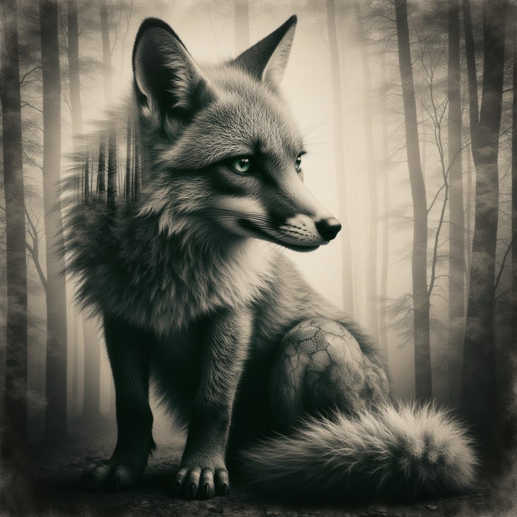 Surreal Fox Double Exposure with Mystical Forest Texture