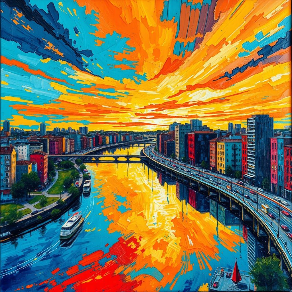 Vibrant Cityscape in Bold Impasto Style