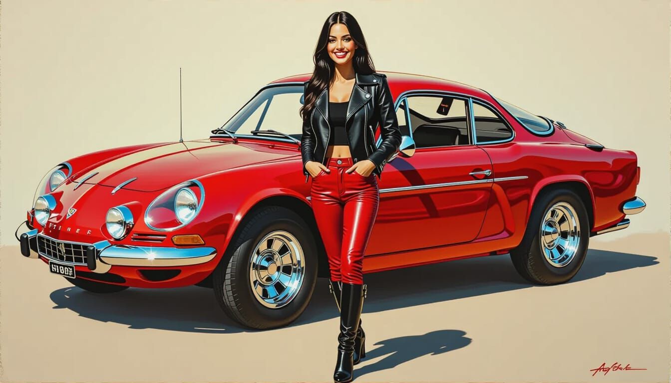 Ruby Red Alpine A110 with Woman, NC Wyeth Style