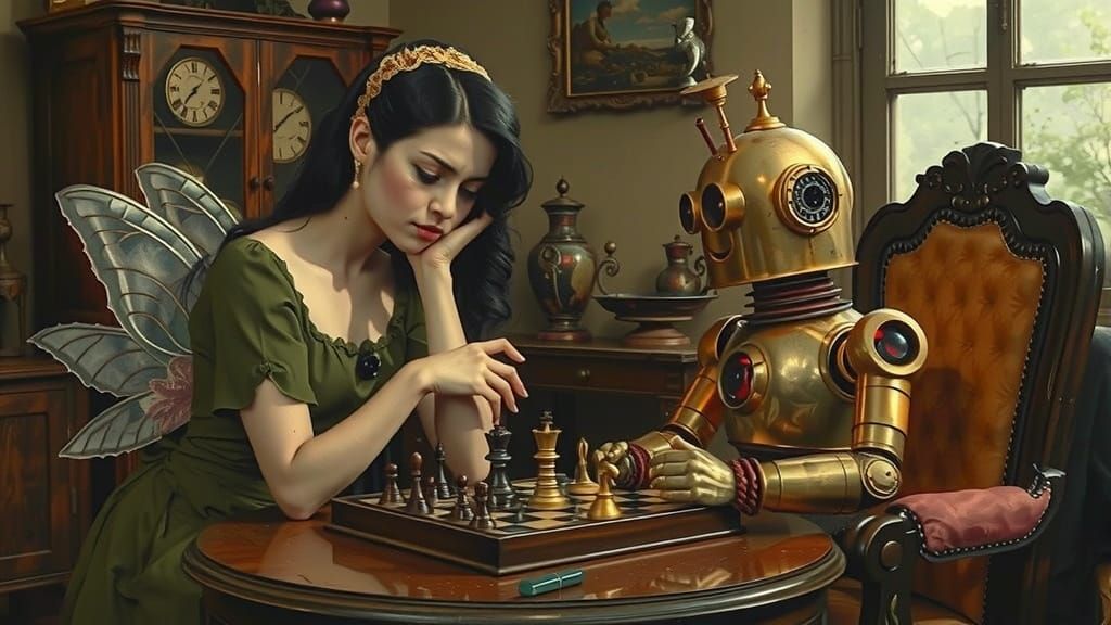 Fairy and Robot Chess Game in Cinematic Style