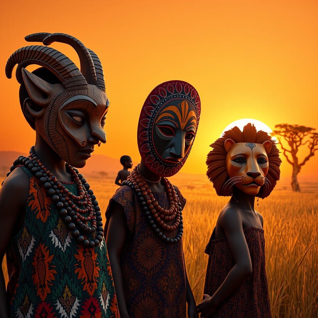 Savannah Sunset Scene with Children in Traditional African A...