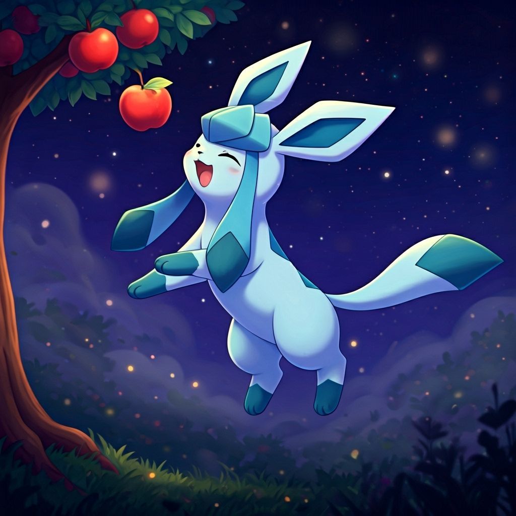 Cute Chibi Glaceon Reaching for Apple in Anime Style
