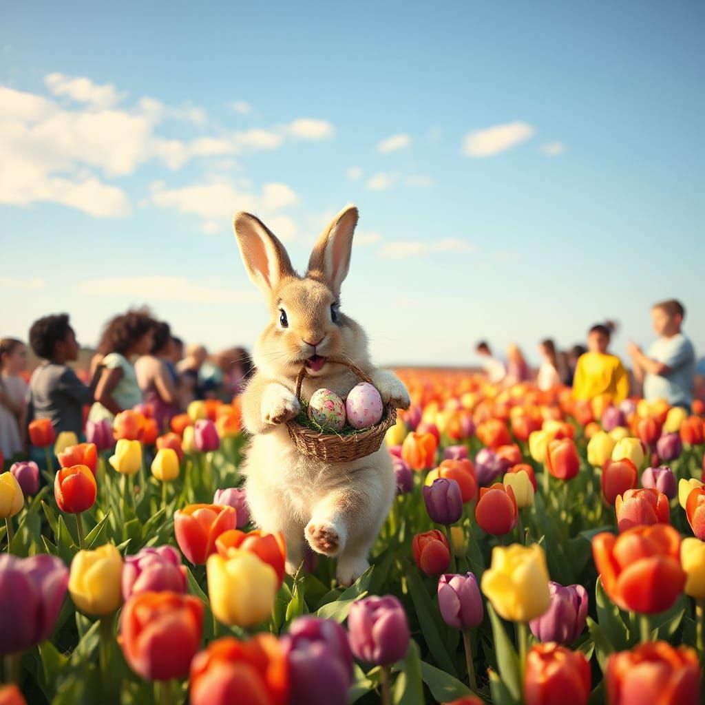 Springtime Easter Bunny Delight in Vibrant Tulip Field