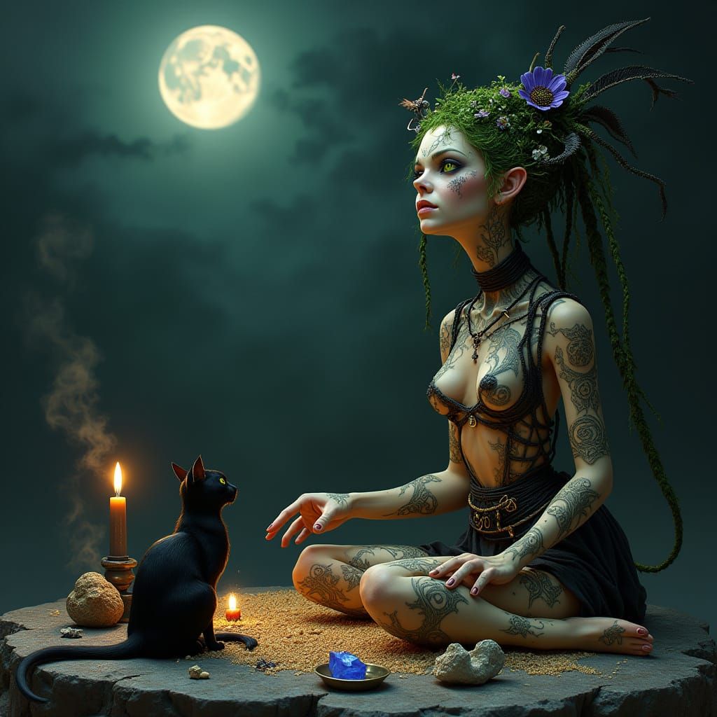 Mysterious Dark Fantasy Witch in a Lunar Ritual