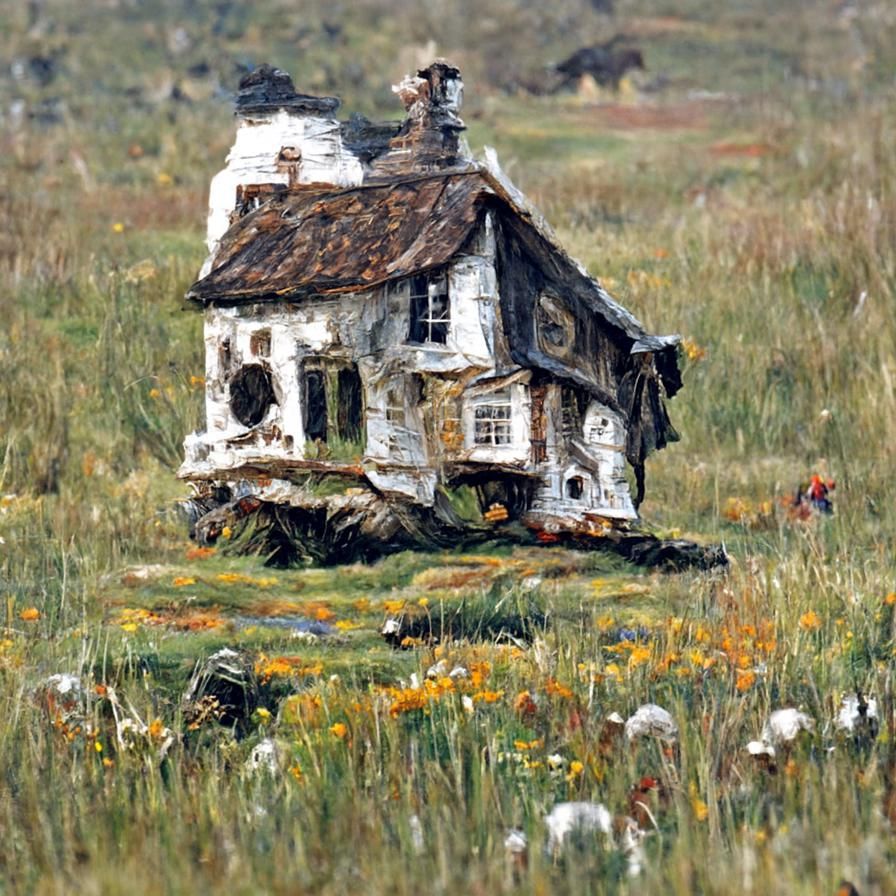 Lonely House on Meadow: Gouache and Oil Painting
