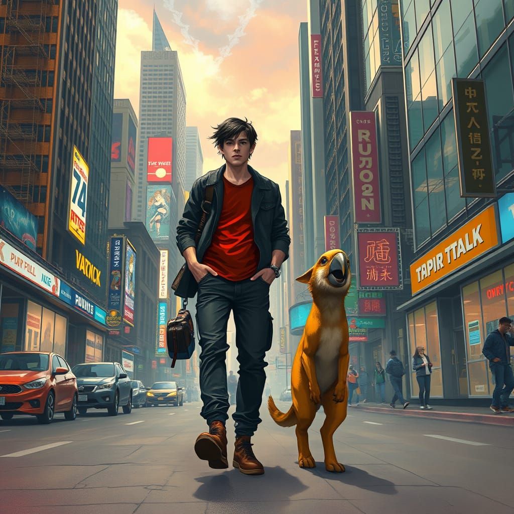 Futuristic Feline Avian Companion Strolls City Streets