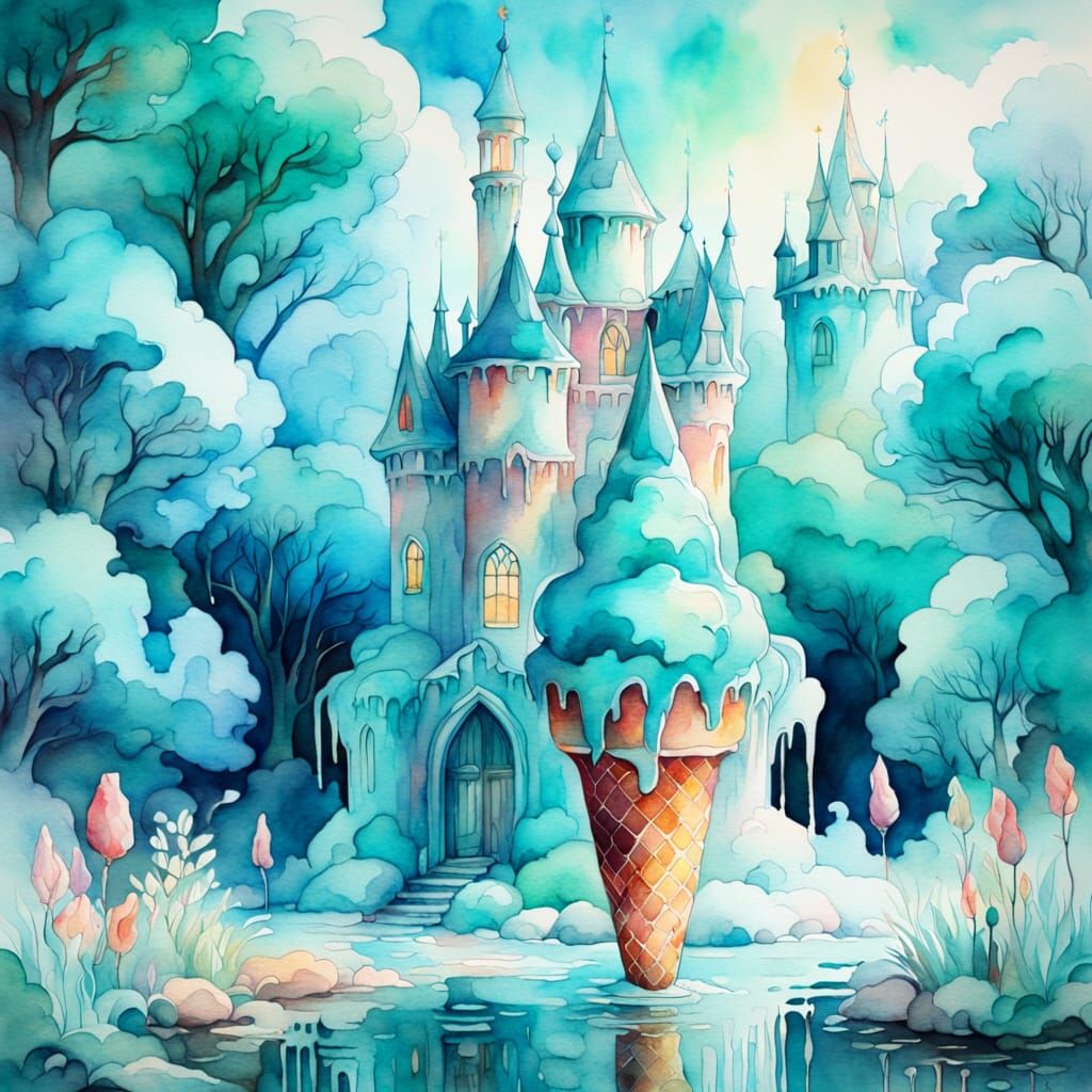 Melting Ice Cream Castle in Watercolor Style