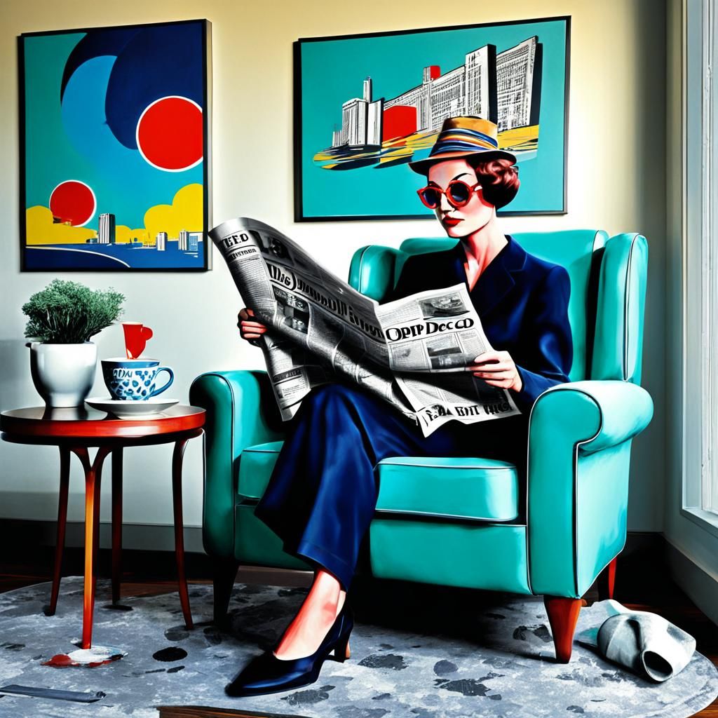 Reading Newspaper with Tea: Art Deco Pop Art