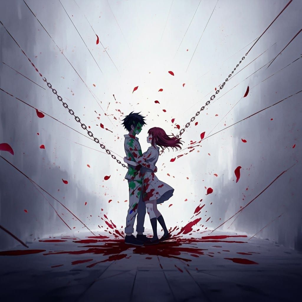 Intertwined Figures in Dreamy Anime Style