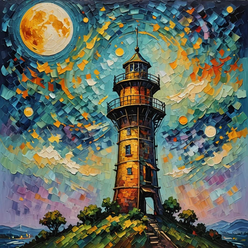 Moonlit Watch Tower in Expressionist Oil Painting