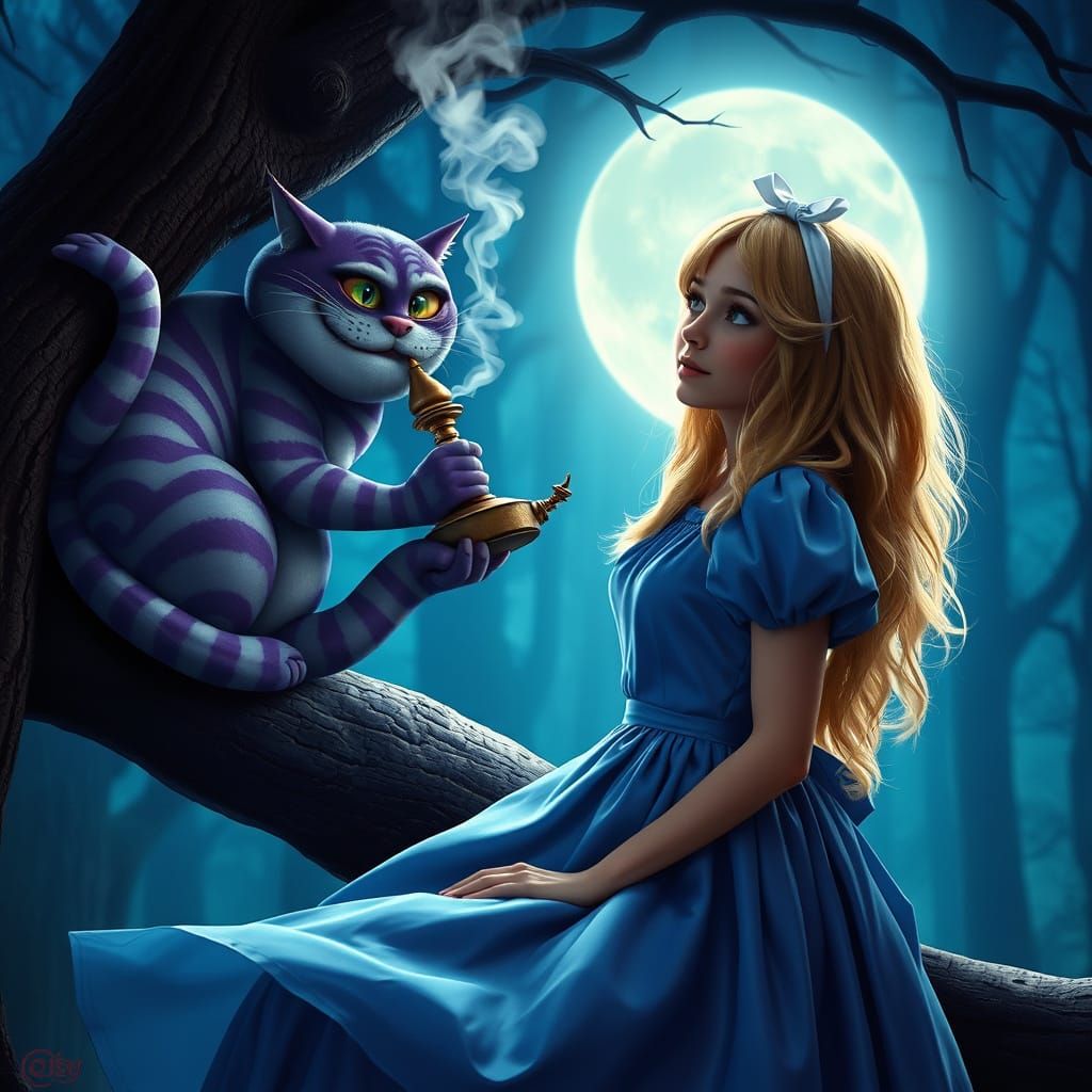 Ethereal Wonderland Scene with Blue-Haired Woman and Enormou...