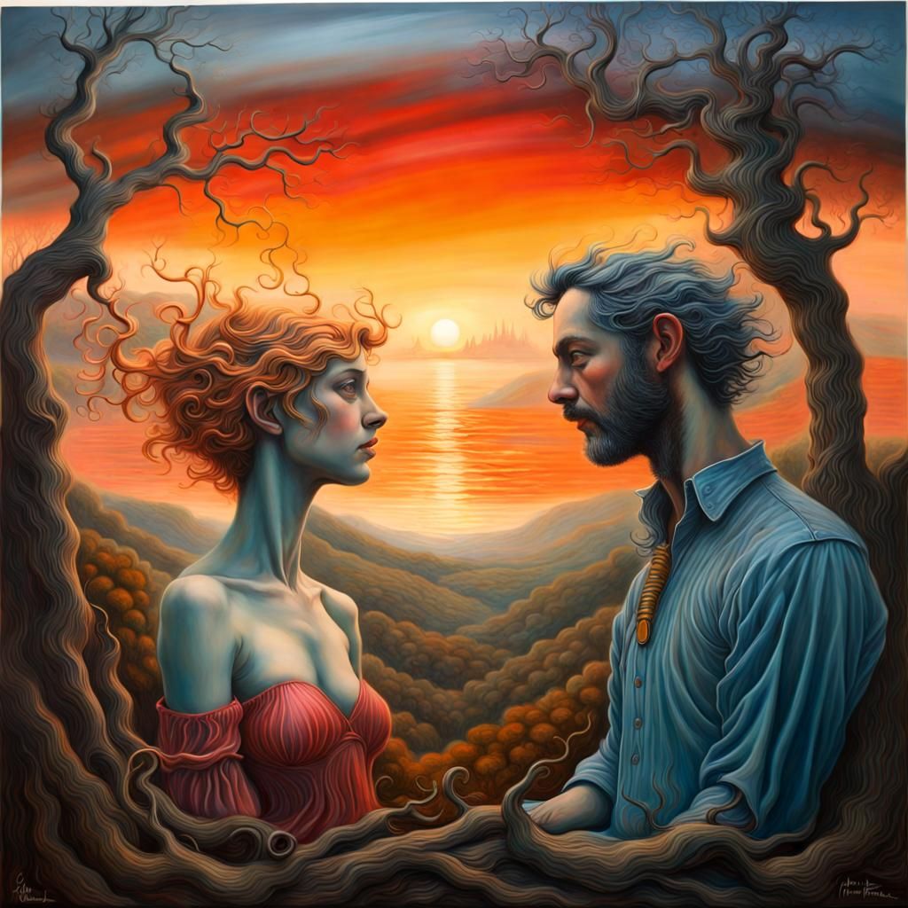 Landscape sunset inspired by Rudolf Hausner, gustave dore and marco mazzoni, [sculpture] and [hyperrealism], unknown art...