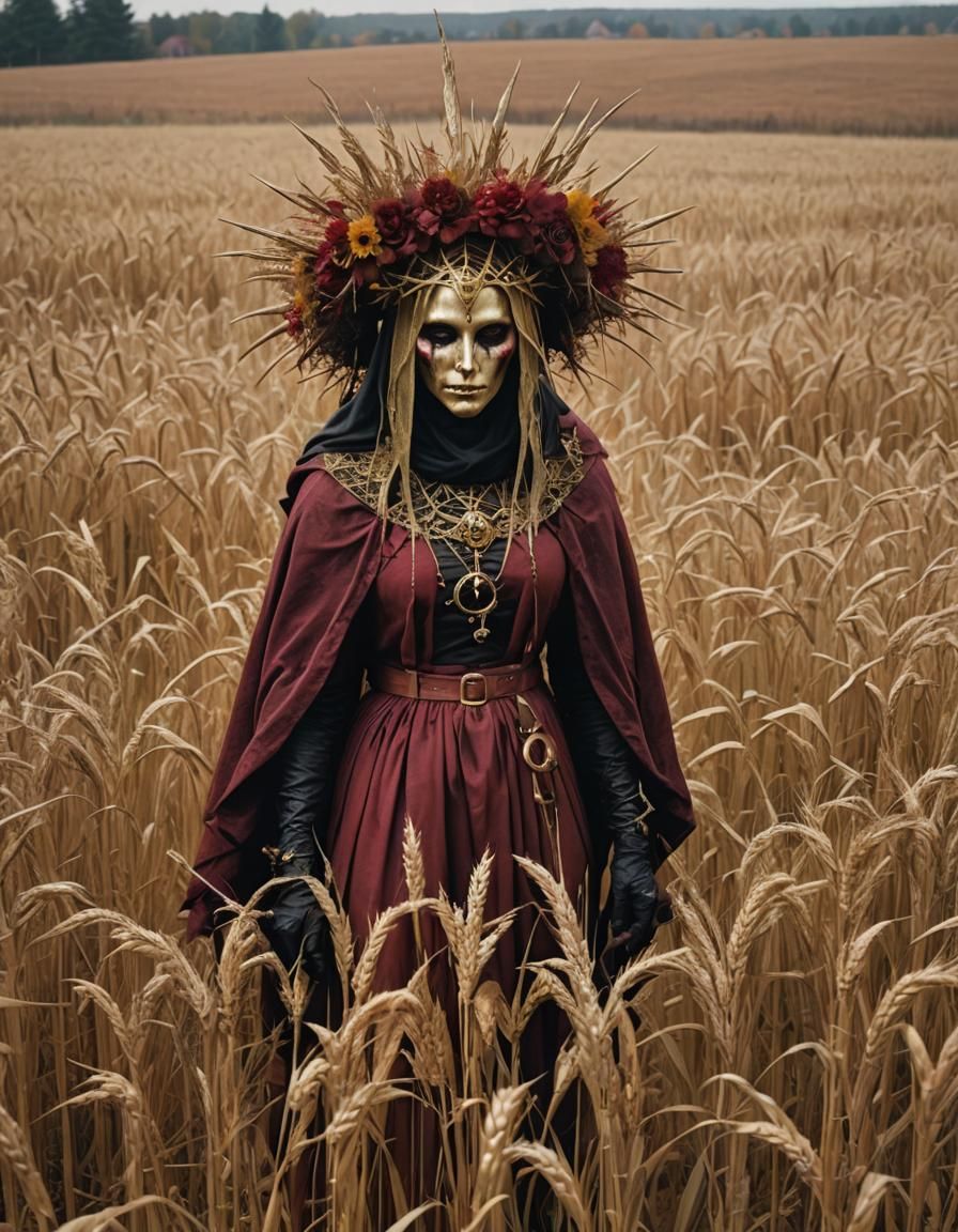 Eerie Veiled Witch in Autumn Wheat Field