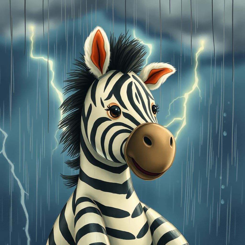 Plush Zebra in Dramatic Thunderstorm