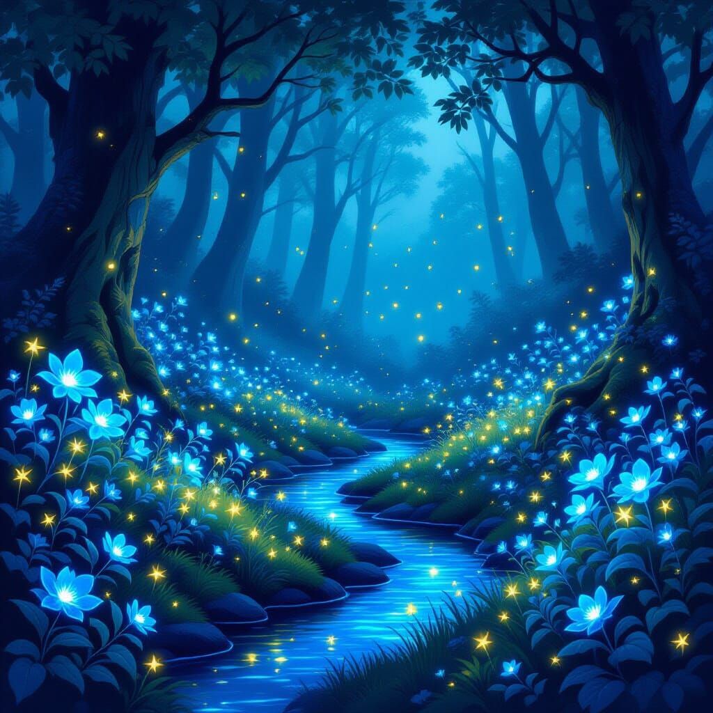 Enchanted Forest Clearing at Twilight with Luminescent Flora