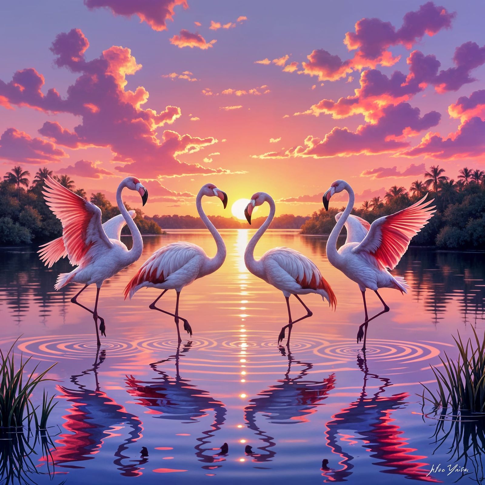 Elegant Flamingos Courtship Dance at Sunset