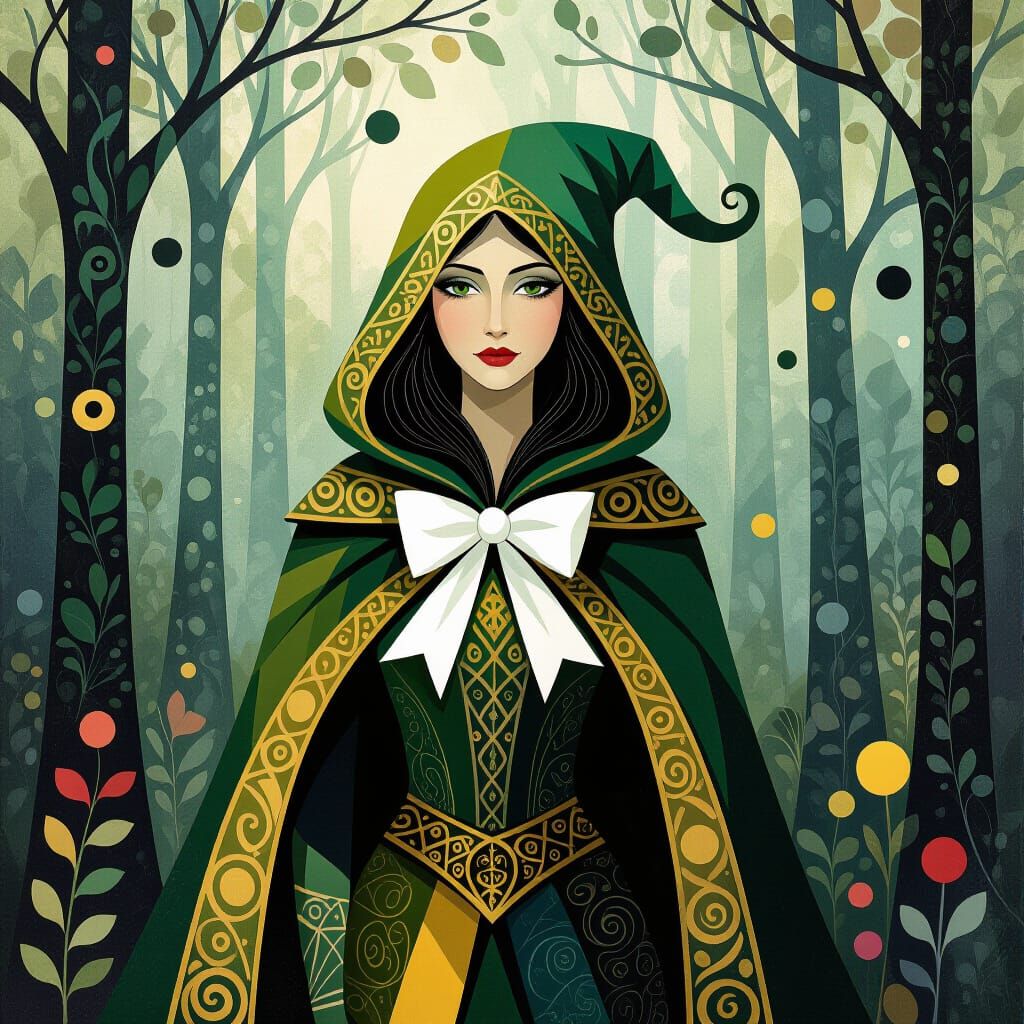 Dark Elf in Enchanted Forest with Golden Green Cloak