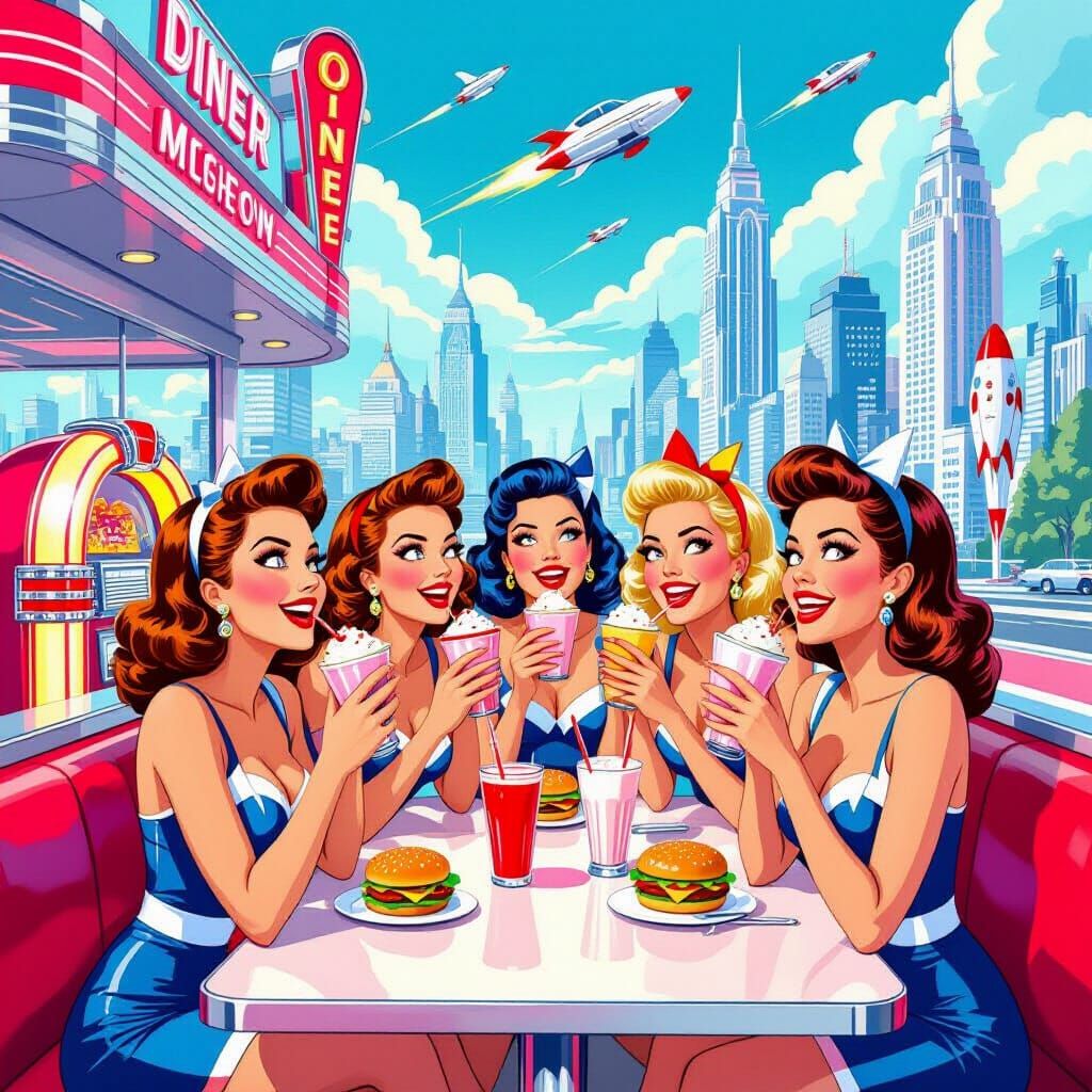 Retro-Futuristic Diner Scene with 1950s Cheerleaders