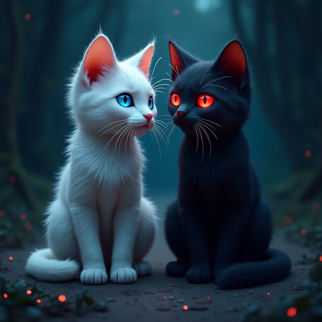 Mystical Cats in Dim Light: Hyperrealistic Matte Painting
