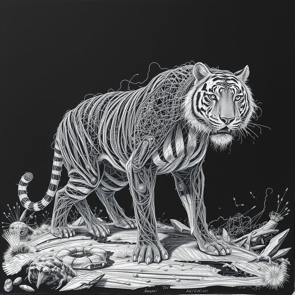 Wireframe Tiger in Sci-Fi Surrealist Style