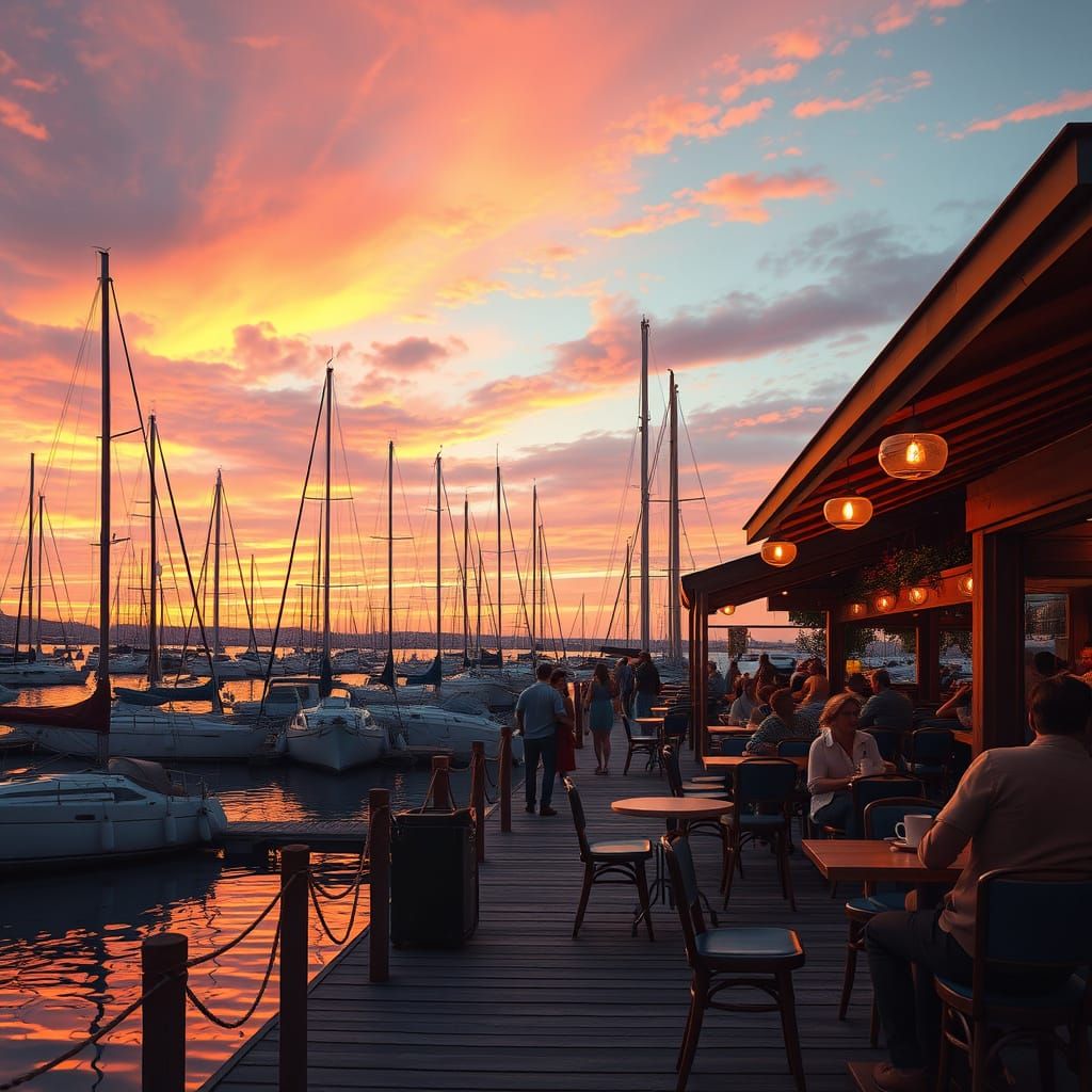 Coastal Café Twilight in Vibrant Hues Overlooking Serene Mar...