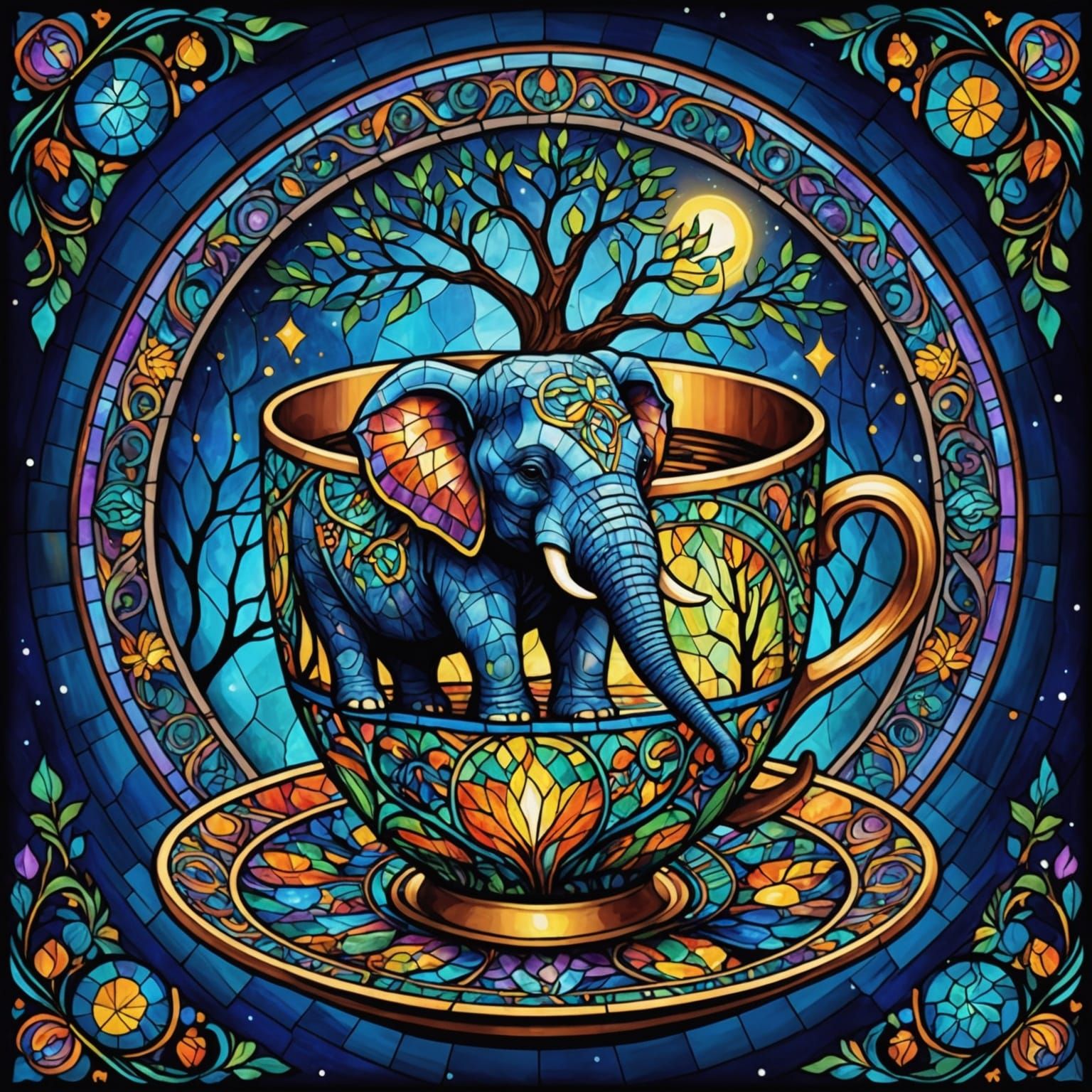 Elephant Teacup: Stained Glass Mosaic Tree of Life
