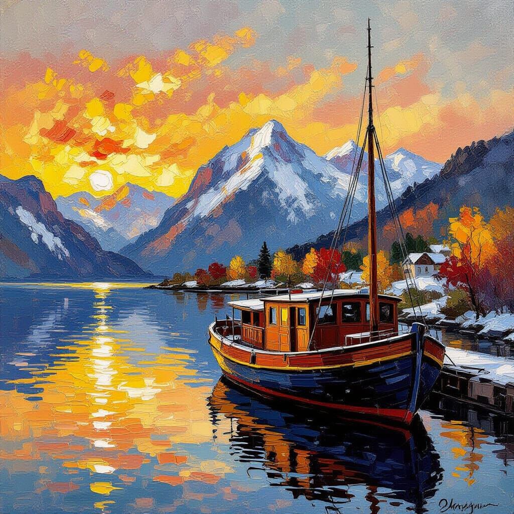 Houseboat on Calm Ocean with Autumn Mountains Oil Painting