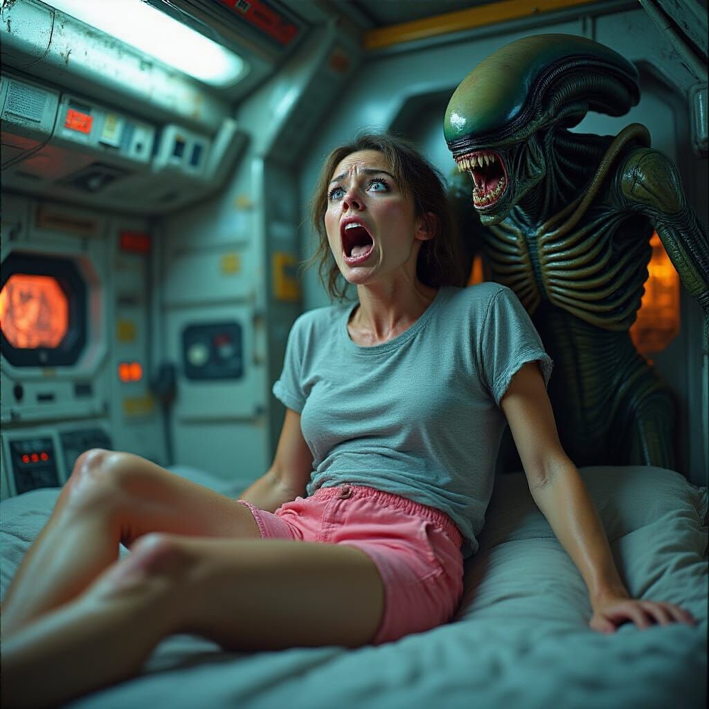 Terrified Alien Crewmember in Sci-Fi Film Still