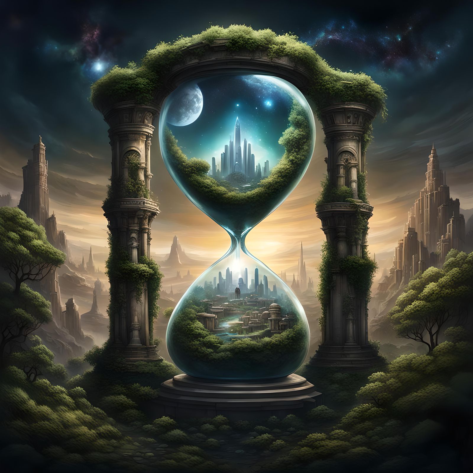 Hourglass Divides Ruins and Future Cityscape