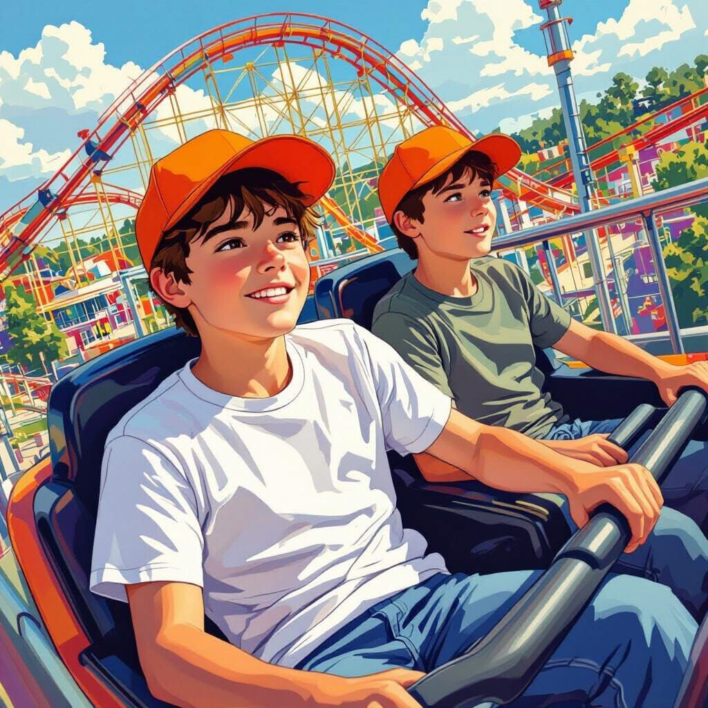 Boys on a Rollercoaster, Vibrant Illustration