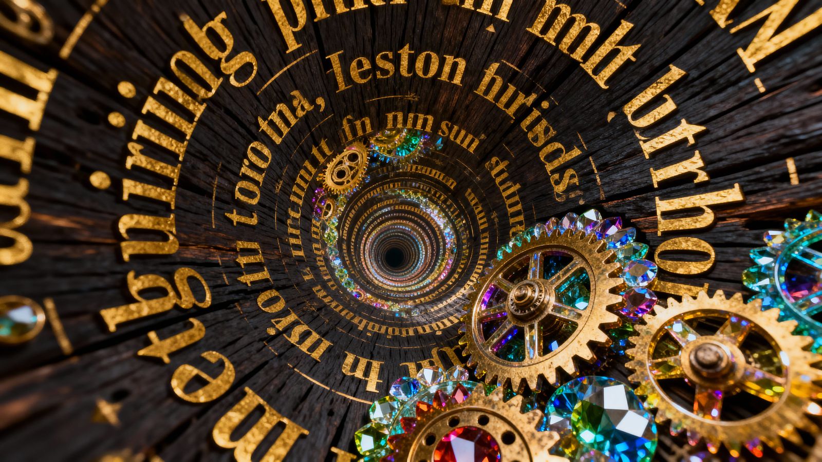 Gold Fractal Text Spirals with Crystal Gears