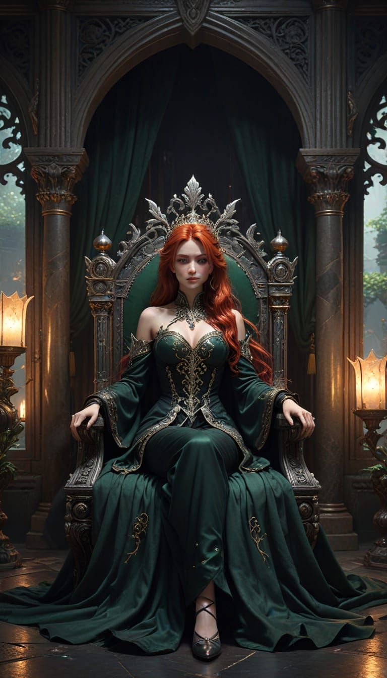 Regal Figure on Gothic Throne with Fiery Hair