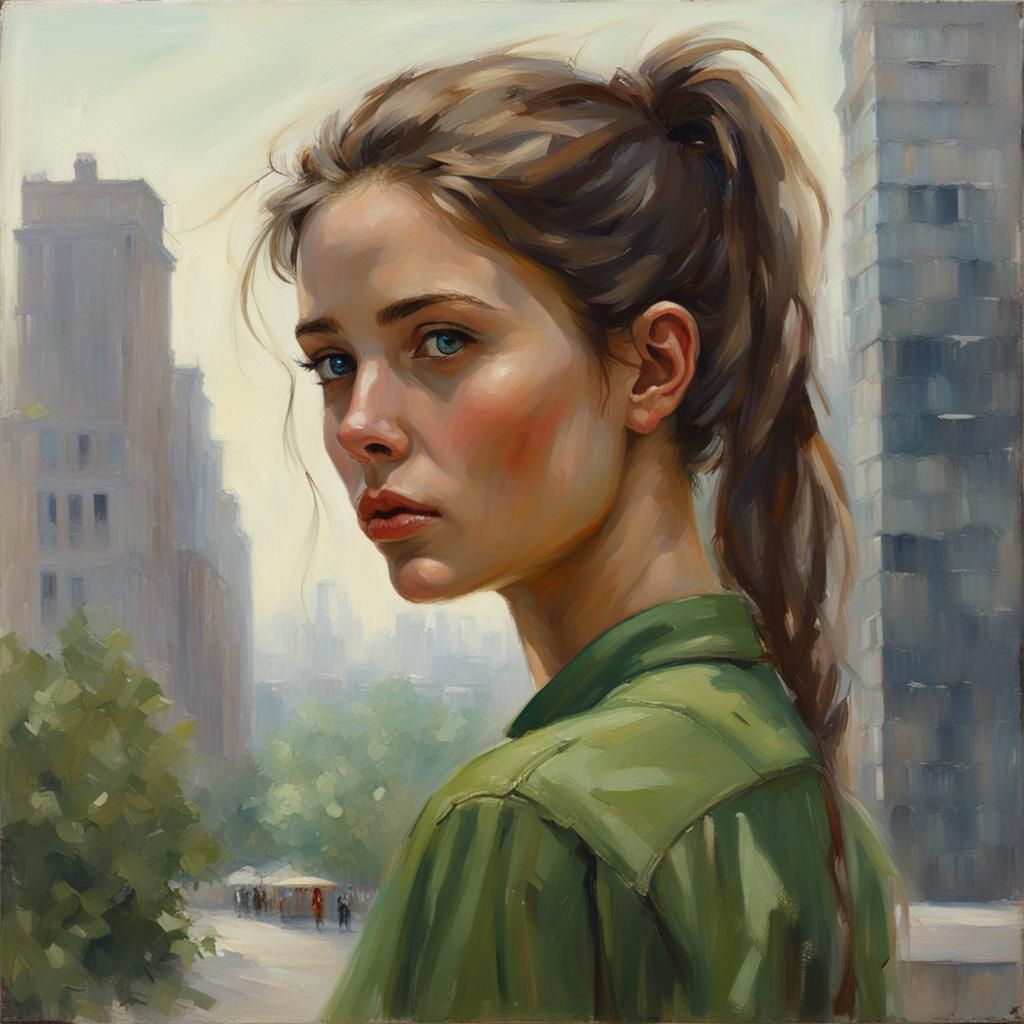 Sweet Girl with Ponytail in City, Oil Painting Style