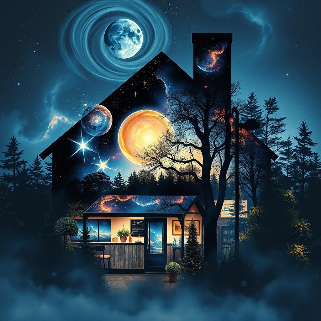 Cosmic Cafe Dreamscape in Gouache Watercolor Style