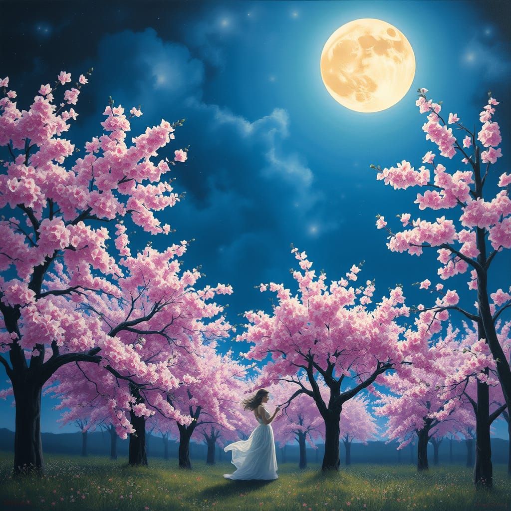 Fantasy Night Scene: Woman in Cherry Blossom Grove Oil Paint...