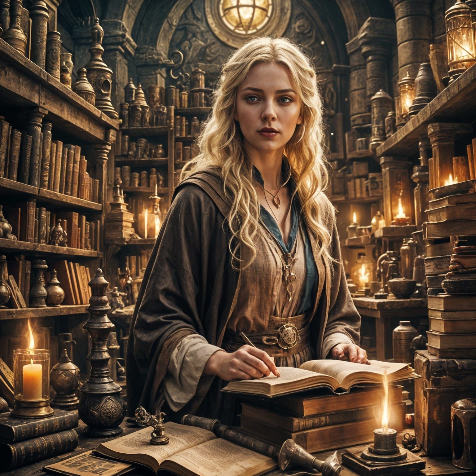 Female Apprentice Mage in Fantasy Lab Art