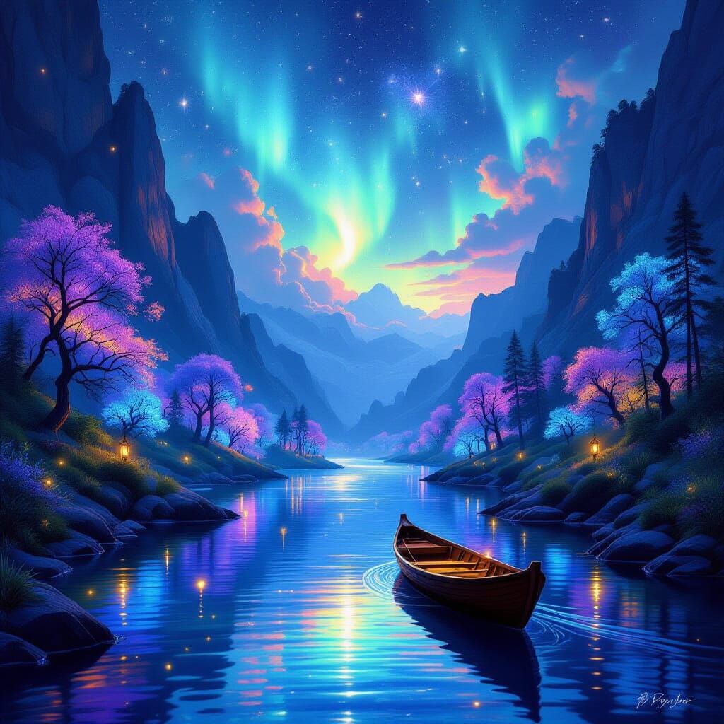 Bioluminescent Canyon River Dreamscape with Aurora Sky
