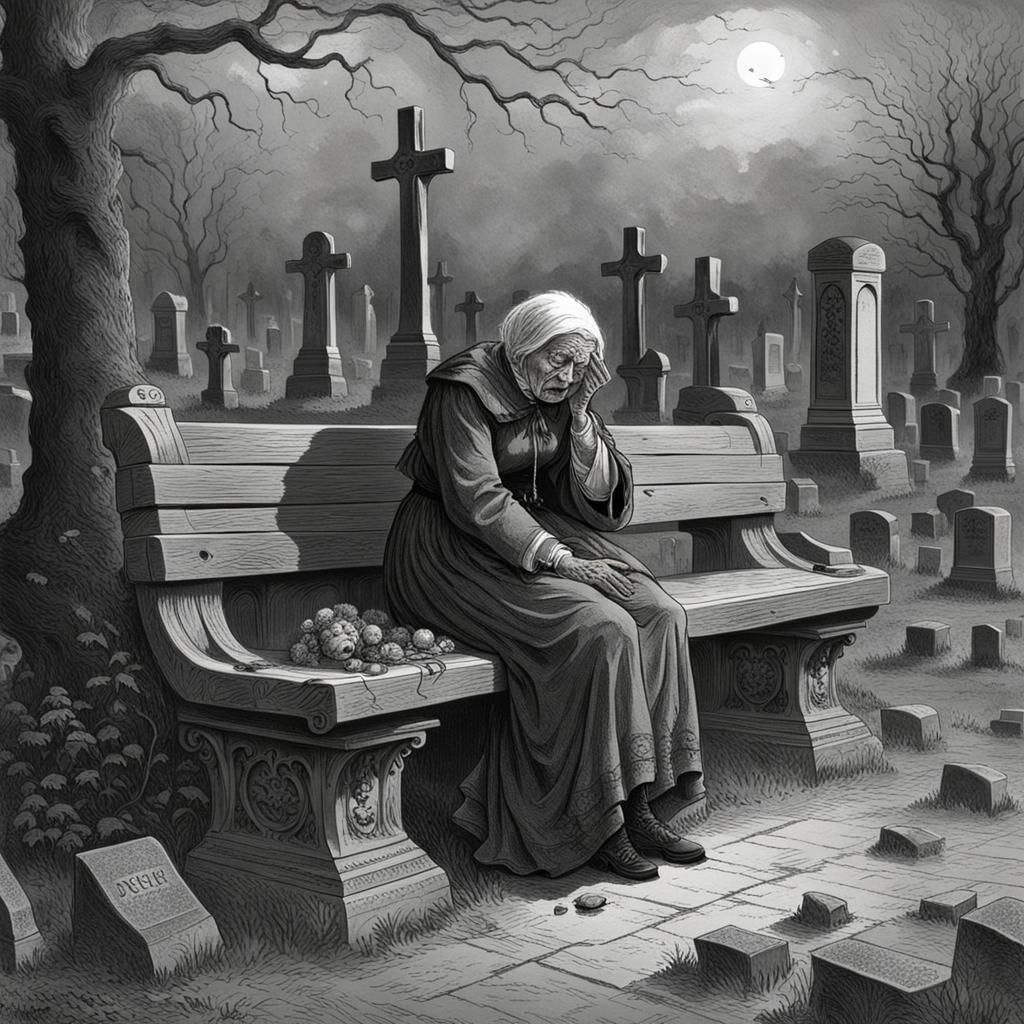 Grieving Woman in Graveyard, Horror Art