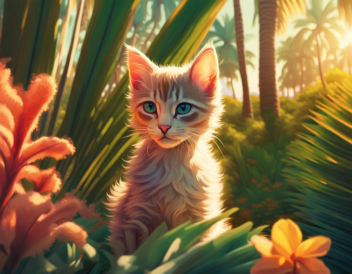 Kitten in Hawaiian Paradise: Moebius-Inspired Digital Art