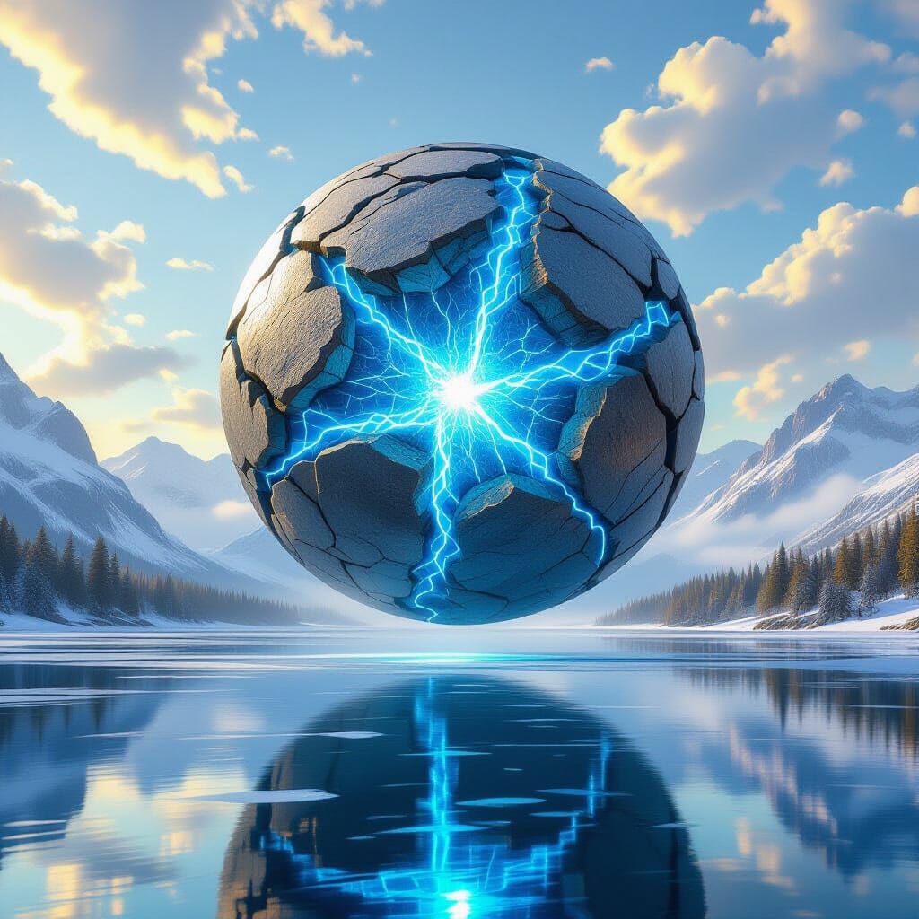 Stone Sphere Over Icy Lake with Blue Energy Cracks