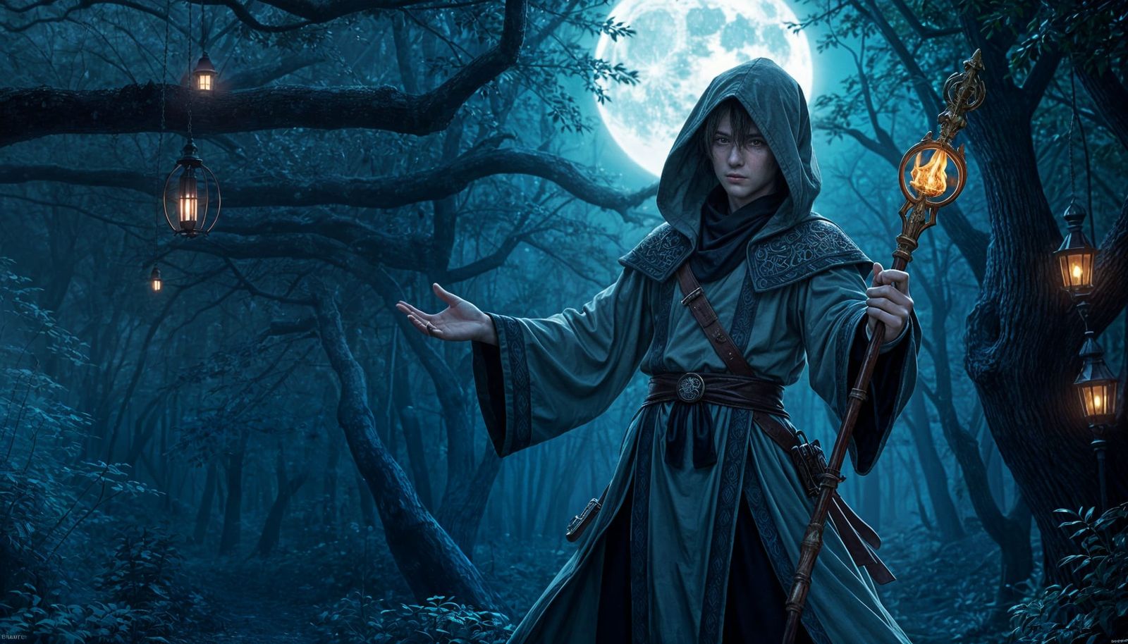 Mysterious Sorcerer Casting Spell in Dark Anime Forest