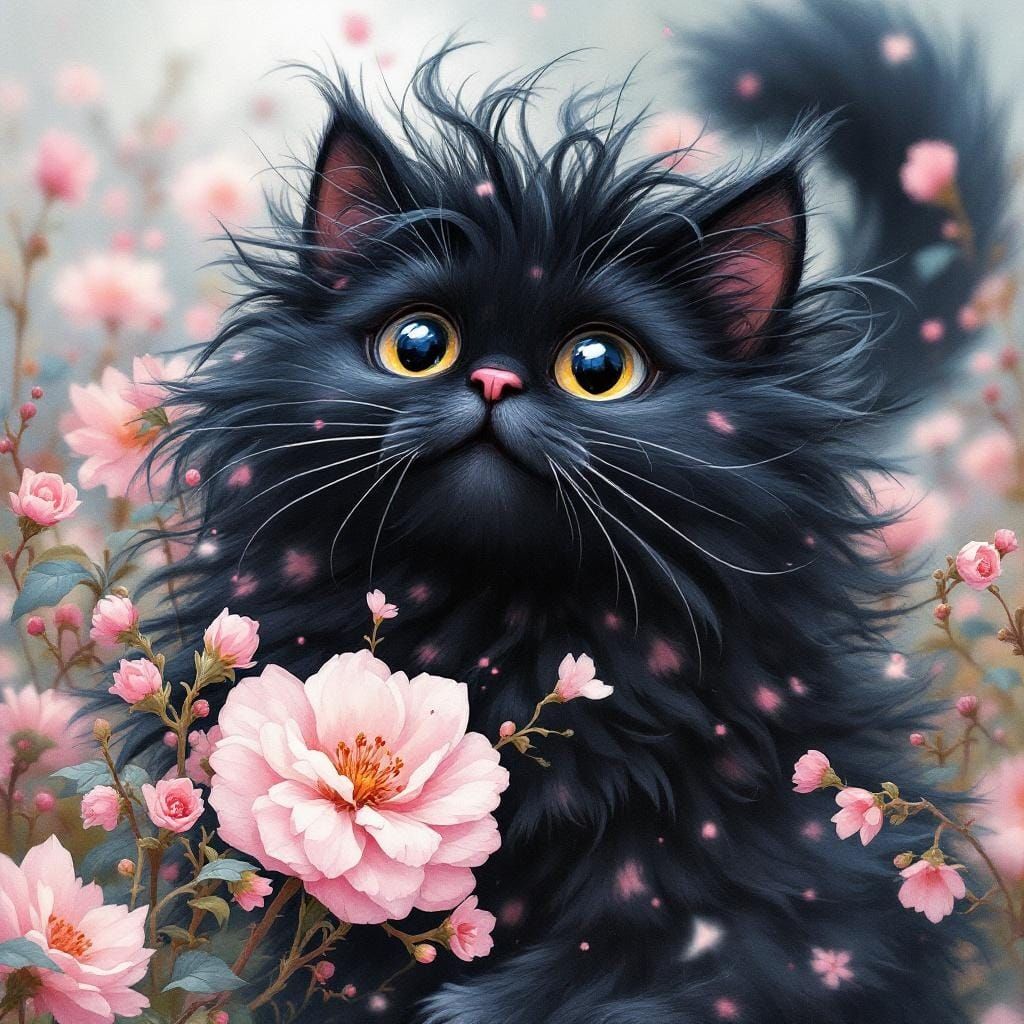 Whimsical Watercolor Cat with Pink Flowers