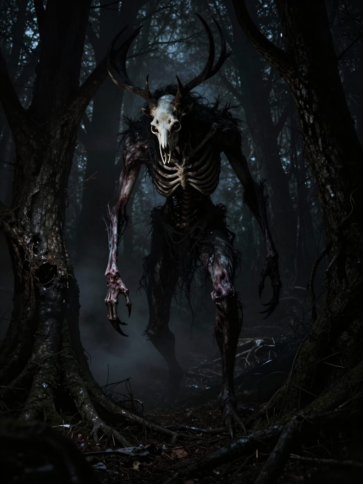 Tenebrism Wendigo Lurking in Shadow Forest