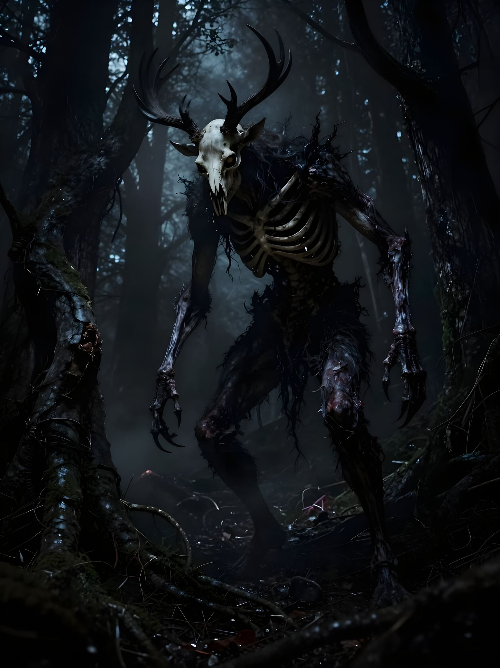 Tenebrism Wendigo in Shadow-Soaked Forest