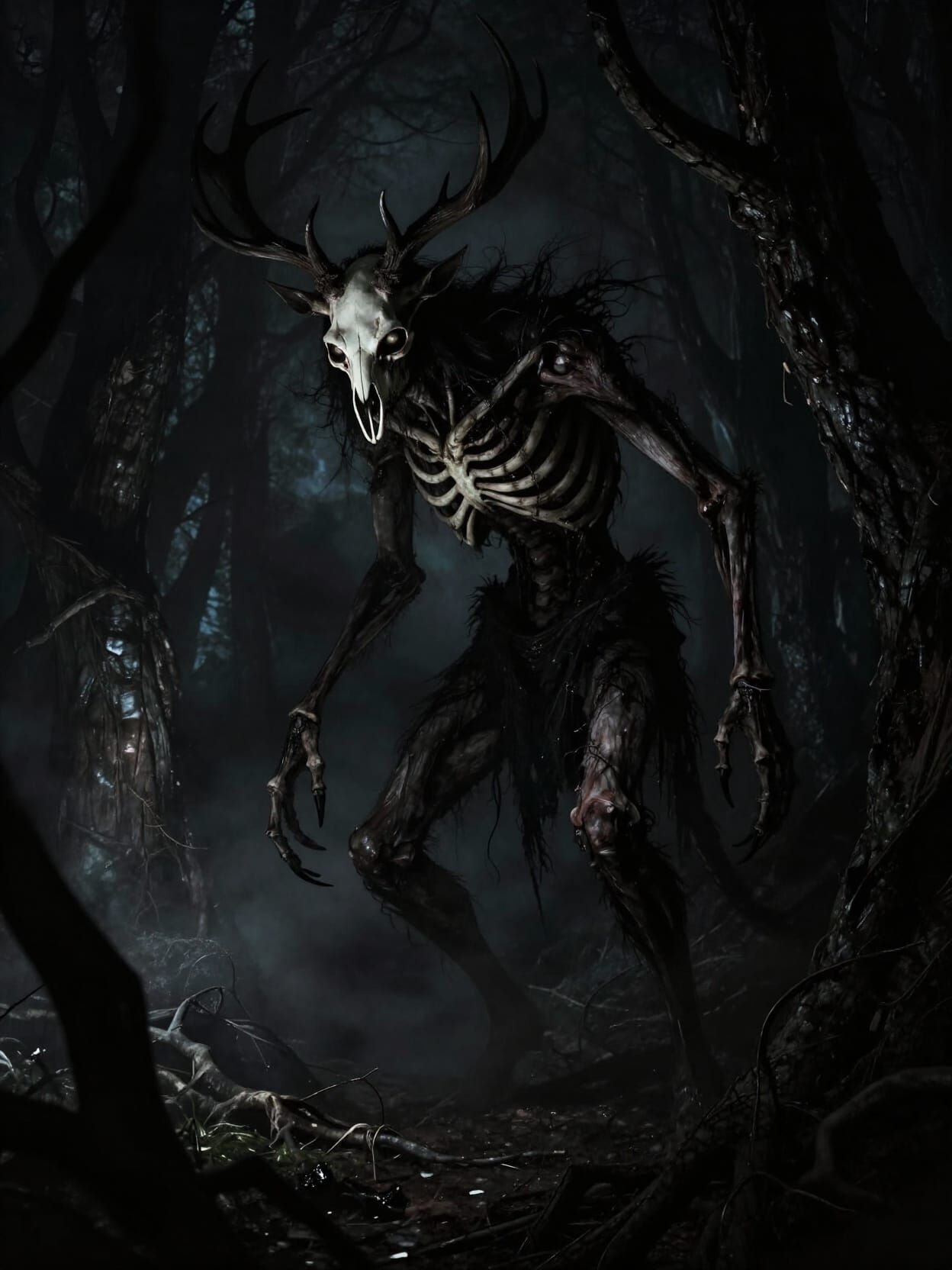 Tenebrism Wendigo Lurking in Shadow Forest